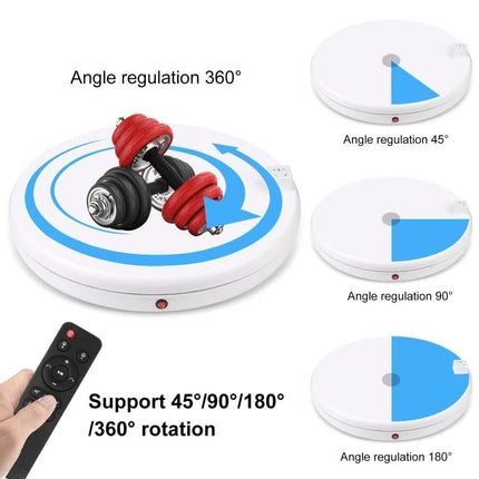 PULUZ White 45cm Rotating Display Stand for Showcasing Items showing adjustable 45°/90°/180°/360° rotation with remote control and dumbbell on platform