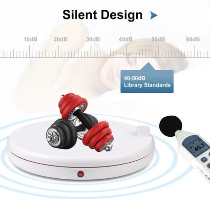 PULUZ White 45cm Rotating Display Stand for Showcasing Items showing silent 40-50dB operation with dumbbells on turntable