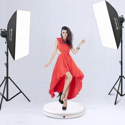 PULUZ White 45cm Rotating Display Stand for Showcasing Items with model in red dress on turntable under studio lights