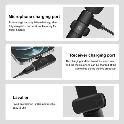 PULUZ Lavalier Microphones for Everyday Video Capture showing microphone charging port, receiver charging port, and clip-on lavalier