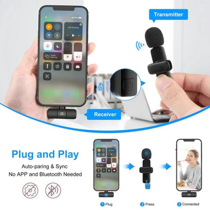PULUZ Lavalier Microphones for Everyday Video Capture compact wireless clip-on mic showing transmitter and receiver plugged into smartphone