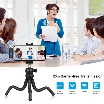 PULUZ Lavalier Microphones for Everyday Video Capture wireless clip-on mic recording a presenter in a meeting with 20m transmission and tripod setup