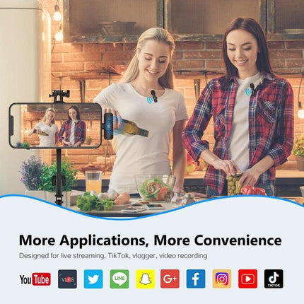 PULUZ Lavalier Microphones for Everyday Video Capture - two women vlogging in kitchen with clip-on wireless mics