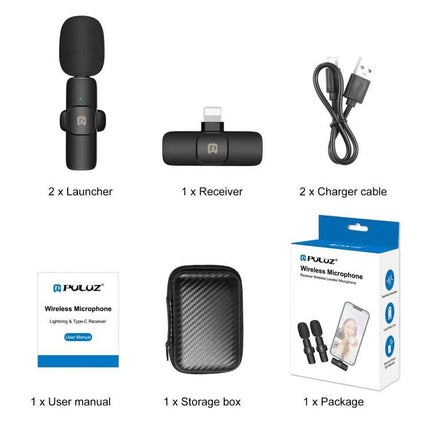 PULUZ Lavalier Microphones for Everyday Video Capture compact wireless clip-on kit with 2 launchers, receiver, cables, storage box, and package