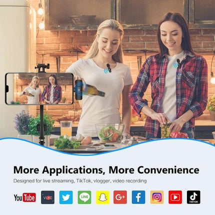 PULUZ Clip-On Microphone for Everyday Video Chats and Recordings - two women vlogging in kitchen with lavalier mics clipped to shirts and smartphone on tripod