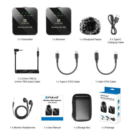 PULUZ Wireless Lavalier Microphone for Daily Video Recordings - kit with transmitter, receiver, windproof fleece, cables, headphones, manual and storage box