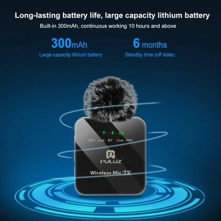PULUZ Wireless Lavalier Microphone for Daily Video Recordings showing wireless mic transmitter with furry windscreen and battery life icons