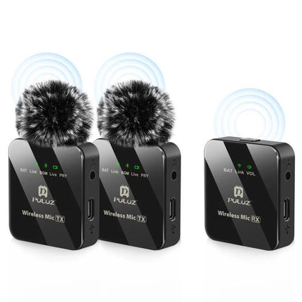 PULUZ Wireless Lavalier Microphone for Daily Video Recordings - dual wireless clip-on mics with furry windshields and compact receiver for vlogs and interviews