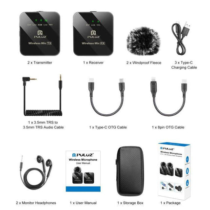PULUZ Wireless Lavalier Microphone for Daily Video Recordings - dual transmitters, receiver, cables, wind muffs, headphones and storage case