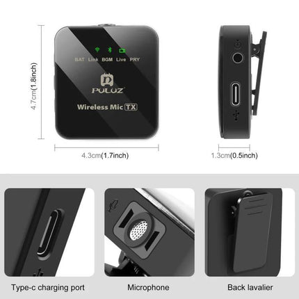 PULUZ Wireless Lavalier Microphone for Daily Video Recordings black transmitter with clip, Type-C port and built-in mic, shown front and side views