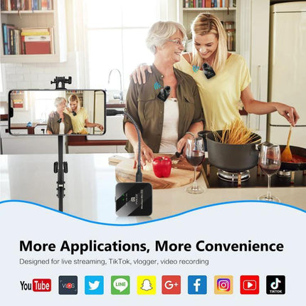 PULUZ Wireless Lavalier Microphone for Daily Video Recordings showing two women cooking and vlogging with clip-on mics and wireless transmitter