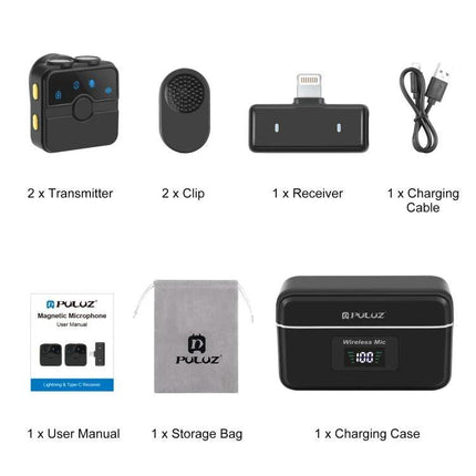 PULUZ Lavalier Microphone for Daily Video Chats and Recordings – kit with 2 transmitters, receiver, clips, charging case and accessories