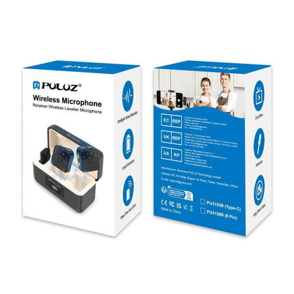 PULUZ Lavalier Microphone for Daily Video Chats and Recordings – product box showing wireless lavalier mics and charging case
