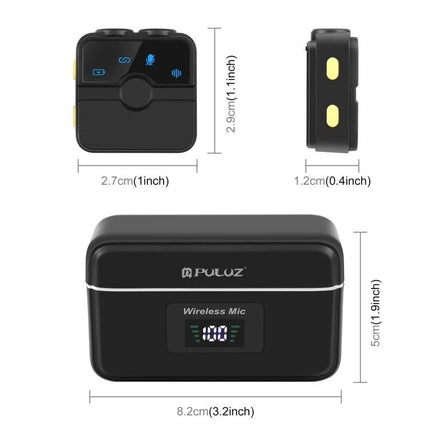PULUZ Lavalier Microphone for Daily Video Chats and Recordings compact 2.4G wireless mic transmitter and charging case with dimensions