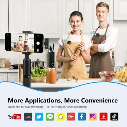 PULUZ Lavalier Microphone for Daily Video Chats and Recordings - couple vlogging in kitchen with wireless lav mic and smartphone tripod
