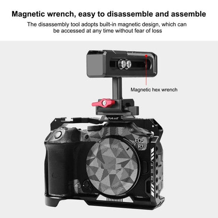 PULUZ Camera Top Handle Grip for Stable Handheld Shooting with Cages mounted on camera showing magnetic wrench and sliding attachment