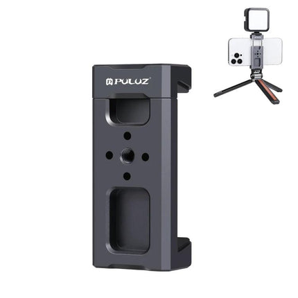 PULUZ Aluminum Alloy Phone Clamp Holder with Cold Shoe Mount showing phone clamp with tripod and light attachment