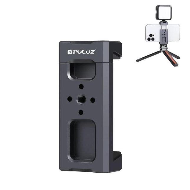PULUZ Aluminum Alloy Phone Clamp Holder with Cold Shoe Mount showing phone clamp with tripod and light attachment
