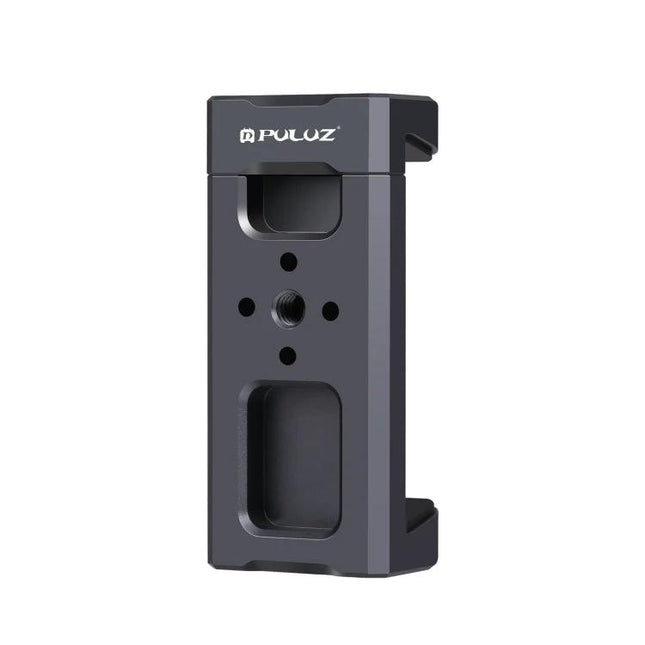 PULUZ Aluminum Alloy Phone Clamp Holder with Cold Shoe Mount – compact dark gray phone clamp with cold shoe and tripod mounting holes