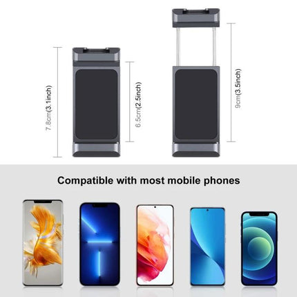 PULUZ Aluminum Alloy Phone Clamp Holder with Cold Shoe Mount showing adjustable phone sizes and compatibility with most smartphones