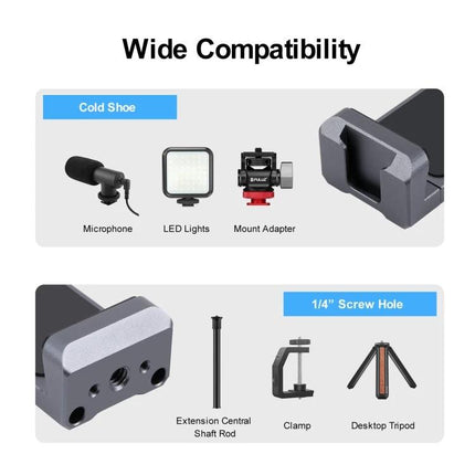 PULUZ Aluminum Alloy Phone Clamp Holder with Cold Shoe Mount showing cold shoe, LED light, microphone and 1/4" screw hole compatibility