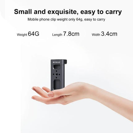 PULUZ Aluminum Alloy Phone Clamp Holder with Cold Shoe Mount shown small and lightweight in hand, 64g, 7.8cm x 3.4cm, ideal for content creators