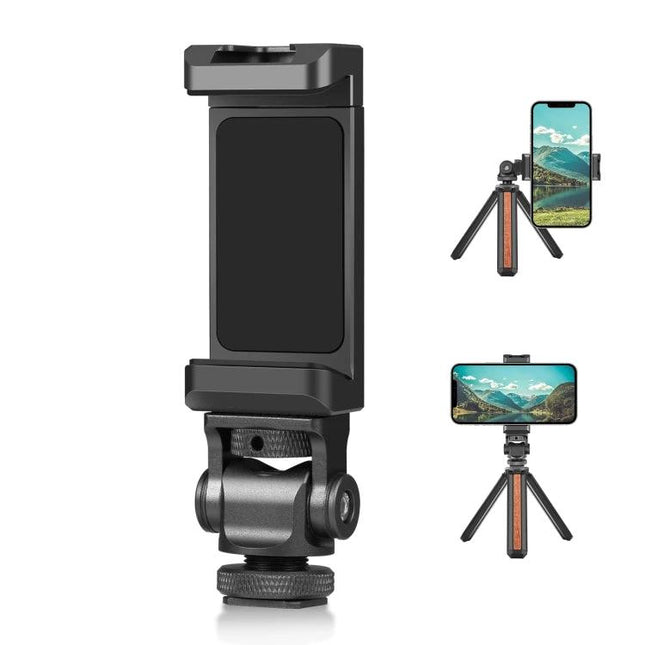PULUZ Aluminum Alloy Phone Holder for Tripods with Accessory Mount showing black phone clamp mounted on mini tripod for stable video and vlogging