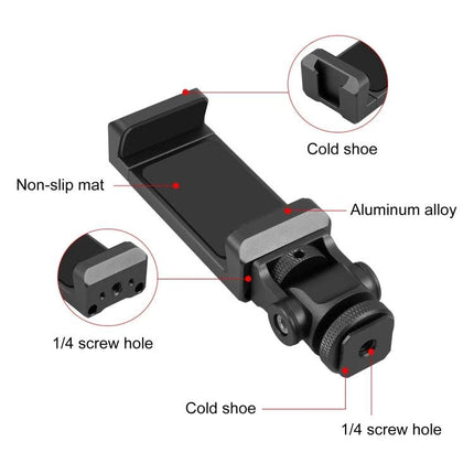 PULUZ Aluminum Alloy Phone Holder for Tripods with Accessory Mount showing cold shoe, non-slip mat, and 1/4 screw holes