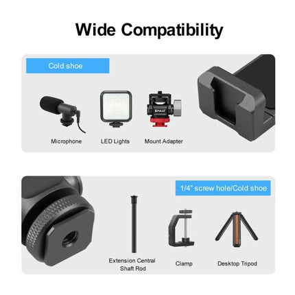 PULUZ Aluminum Alloy Phone Holder for Tripods with Accessory Mount showing cold shoe, 1/4" screw hole, microphone, LED light, clamp and desktop tripod compatibility