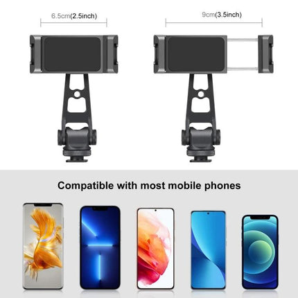 PULUZ Z-axis Phone Clamp with 360 Rotation for Versatile Mounting showing adjustable width, aluminum alloy build and examples of compatible smartphones