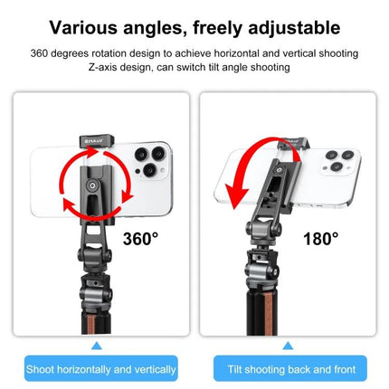 PULUZ Z-axis Phone Clamp with 360 Rotation for Versatile Mounting showing 360° and 180° adjustable angles on a smartphone tripod