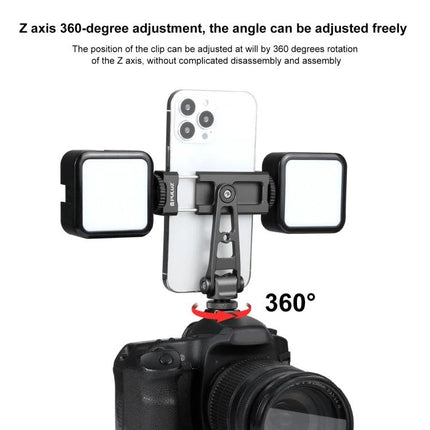 PULUZ Z-axis Phone Clamp with 360 Rotation for Versatile Mounting mounted on camera holding phone between lights for stable video