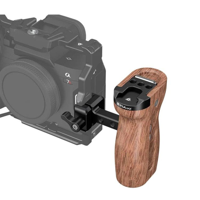 PULUZ Wooden Camera Handle with Quick Release Mount attached to camera cage showing ergonomic wooden grip and quick release adapter