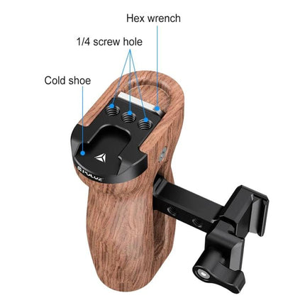 PULUZ Wooden Camera Handle with Quick Release Mount ergonomic wooden grip with cold shoe, 1/4 screw holes and hex wrench storage for stable handheld filming