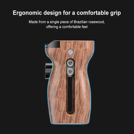 PULUZ Wooden Camera Handle with Quick Release Mount showing ergonomic Brazilian rosewood grip with quick release mount and thumb screw