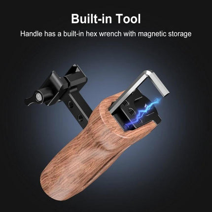 PULUZ Wooden Camera Handle with Quick Release Mount showing built-in hex wrench storage and ergonomic wooden grip