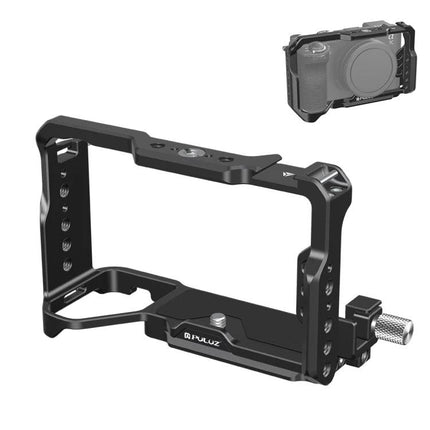 PULUZ Metal Camera Cage Stabilizer for Sony Alpha Cameras showing black aluminum cage with multiple accessory mounting points