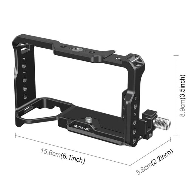 PULUZ Metal Camera Cage Stabilizer for Sony Alpha Cameras - black metal cage with accessory mounts and dimensions