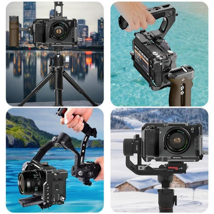 PULUZ Metal Camera Cage Stabilizer for Sony Alpha Cameras mounted with accessories on tripod and handheld rig