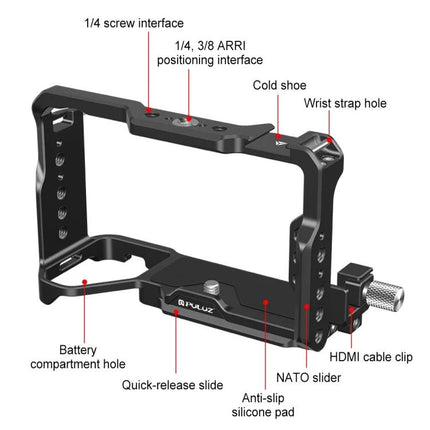 PULUZ Metal Camera Cage Stabilizer for Sony Alpha Cameras - labeled metal cage with cold shoe, NATO slider, HDMI clip, quick-release slide