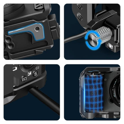 PULUZ Metal Camera Cage Stabilizer for Sony Alpha Cameras showing metal cage corners, cable clamp, thumb screw and side grip with accessory mounting