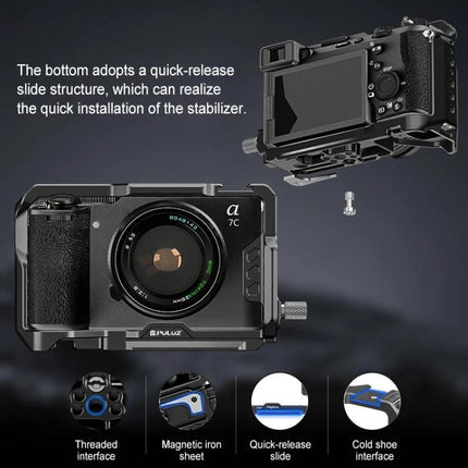 PULUZ Metal Camera Cage Stabilizer for Sony Alpha Cameras mounted on Sony a7C showing quick-release slide and accessory ports