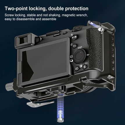 PULUZ Metal Camera Cage Stabilizer for Sony Alpha Cameras showing two-point locking, bottom plate and accessory mounts for videographers