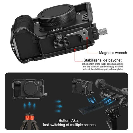 PULUZ Metal Camera Cage Stabilizer for Sony Alpha Cameras showing metal cage mounted with stabilizer slide bayonet and magnetic wrench