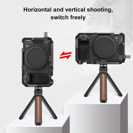 PULUZ Metal Camera Cage Stabilizer for Sony Alpha Cameras mounted on tripod for horizontal and vertical shooting