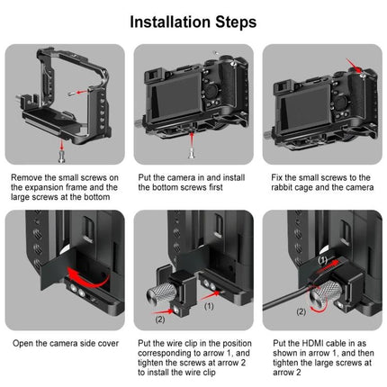 PULUZ Metal Camera Cage Stabilizer for Sony Alpha Cameras showing installation steps with screws, wire clip and HDMI cable