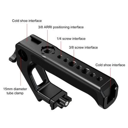 PULUZ Quick Release Top Handle with Cold Shoe for Camera Gear showing multiple cold shoe, 1/4 and 3/8 screw interfaces and 15mm tube clamp