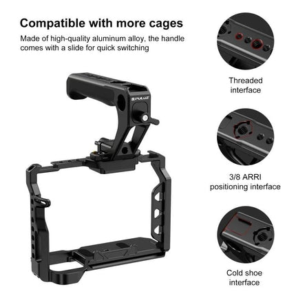 PULUZ Quick Release Top Handle with Cold Shoe for Camera Gear mounted on camera cage showing threaded, 3/8 ARRI and cold shoe interfaces