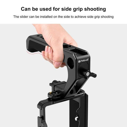PULUZ Quick Release Top Handle with Cold Shoe for Camera Gear mounted for side grip shooting, durable aluminum handle with secure cold shoe