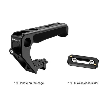 PULUZ Quick Release Top Handle with Cold Shoe for Camera Gear, black aluminum handle and quick-release slider for handheld stabilizing